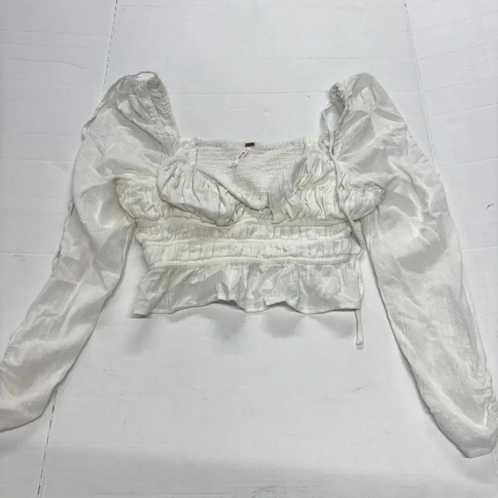 Free People Womens Medium Ivory Smocked Crop Top Puff Sleeve Boho Peasant